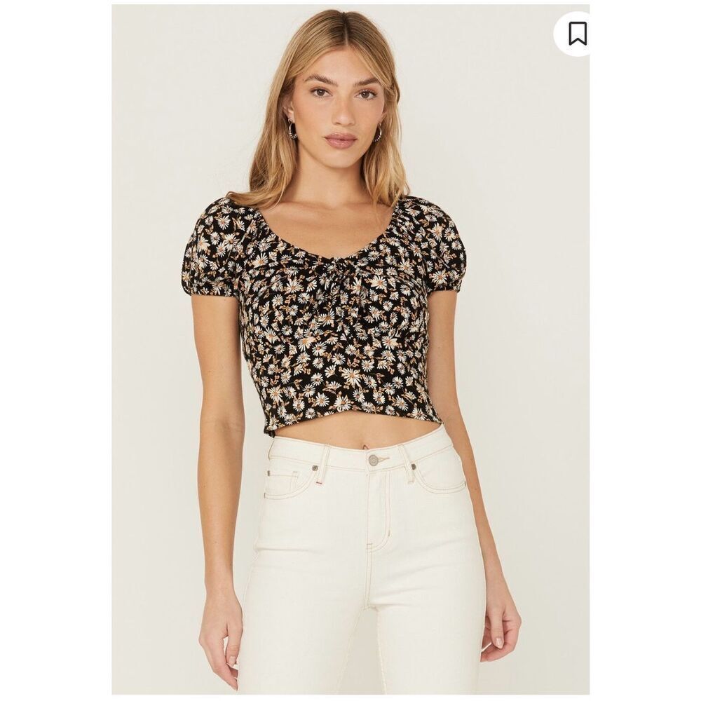 Idyllwind Miranda Lambert Bay Cove Cropped Black Daisy Peasant Blouse sz XXL NWO - Picture 2 of 10